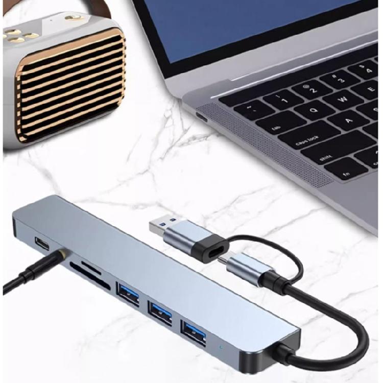 Aluminum 8 In 1 USB C Adapter Hub with 4 USB Port Splitter Adapter Small Card Reader and 3.5 Auditory Port Efficient