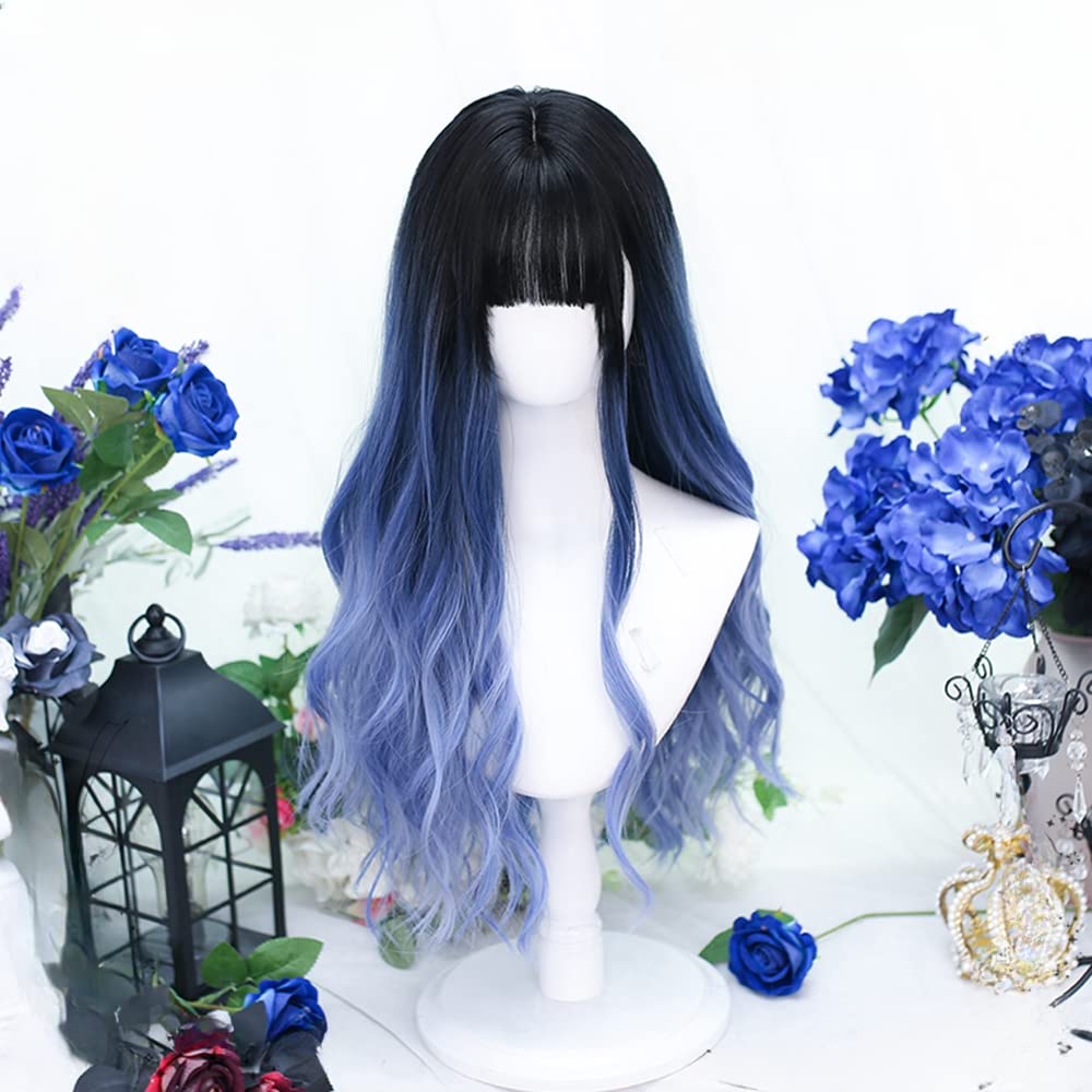 Lolita Wig, GAL Style, Semi-long Wig, Perm, Harajuku Style, Dreamy, Dark, Cute, Cosplay, Party, Lolita Style, Everyday Wig, Black, Blue, Gradient Wig