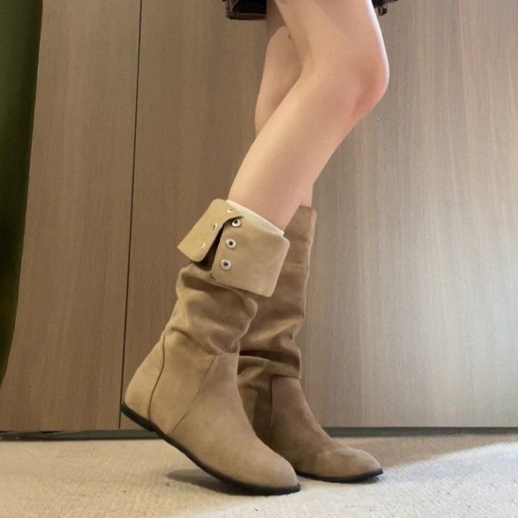 Women's boots tall tube fashion wear inner height increase retro fold two piles of boots women's boots autumn and winter thin new models