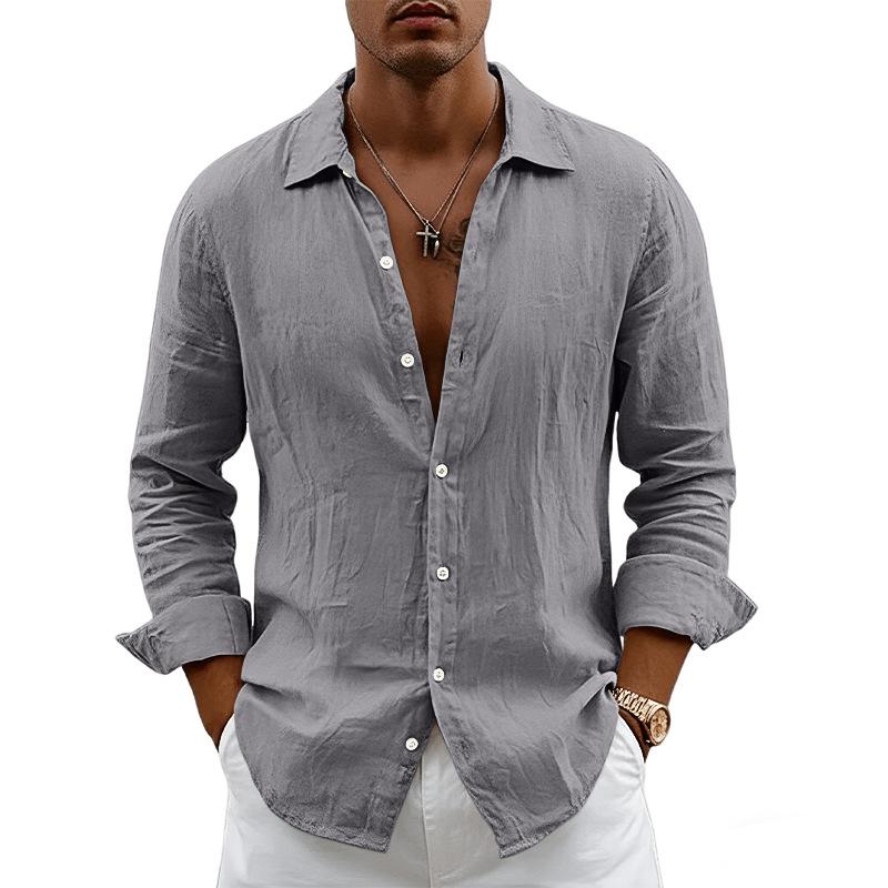 New Men's Solid Color Long Sleeve Shirt Linen Cotton Shirts Trend Plus-size Lapel Collar Casual Lightweight Beach Tops