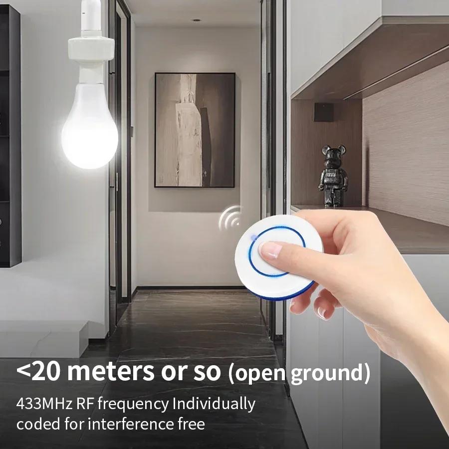 433MHz E27 Lampenfassung Smart Wireless Fernbedienung Schalter Mini Runder Knopf Wandpaneel Schalter LED Birne Beleuchtung Für Schlafzimmer