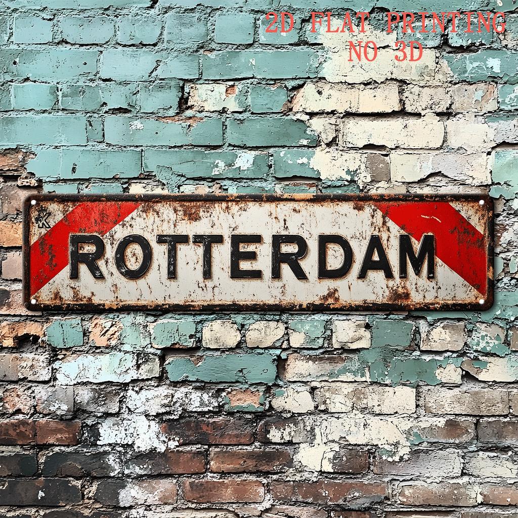 2D Flat - Retro Aluminum Sign, 2D Flat Design Featuring "ROTTERDAM" (40.64Cm X 10.16Cm) - Ideal Decoration for Dutch City Football Stadiums, Suitable