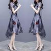 2026 Summer Women's Short Sleeve Chiffon Swallowtail Dress with Korean Print