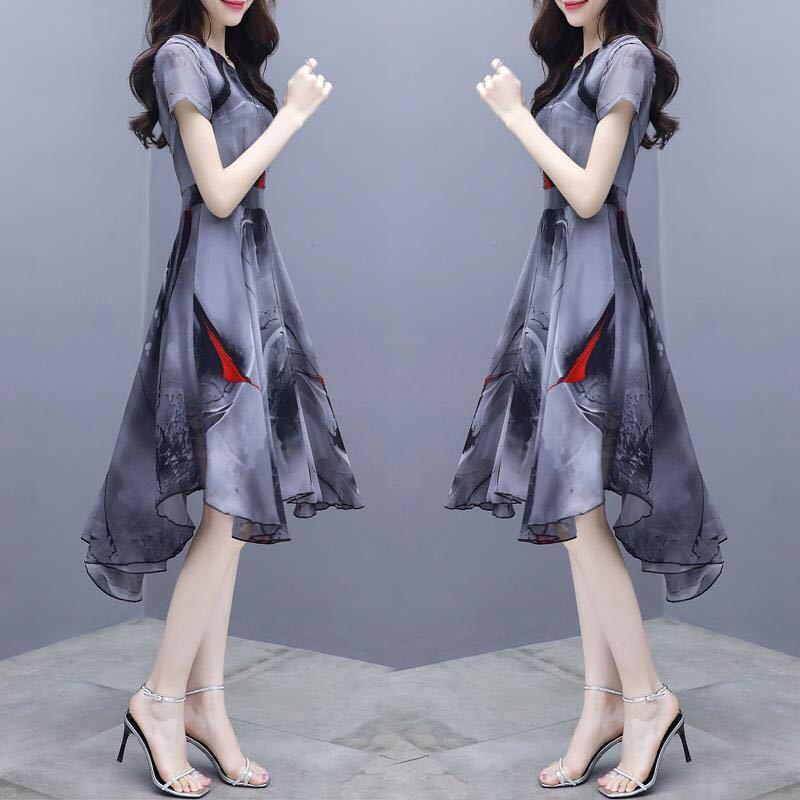 2026 Summer Women's Short Sleeve Chiffon Swallowtail Dress with Korean Print
