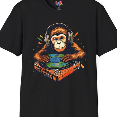 Funny Monkey DJ W/ Headphones Unisex T-Shirt for M/F, Funny Chimp, Party Music Tee