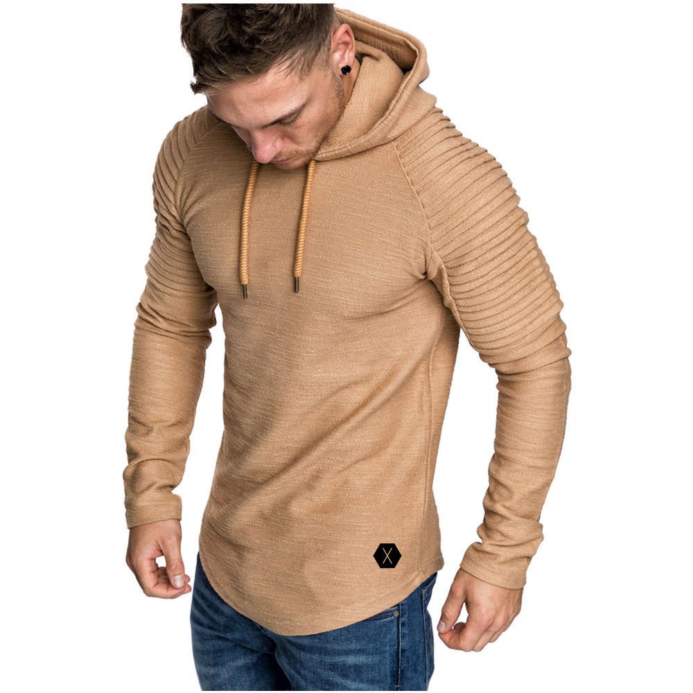 Men's Slim Fit Solid Color Hooded Long Sleeve T-Shirt Striped Pleated Shoulder Sleeve Hooded European and American Men's Clothing
