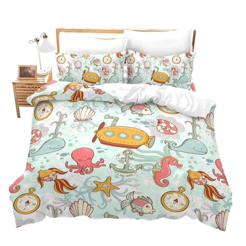 Ocean Bedding Set King/Queen Size Nautical Coastal Bedding,Hippocampus Comforter Cover For Kid Boys Girls,Sea Animal Duvet Cover