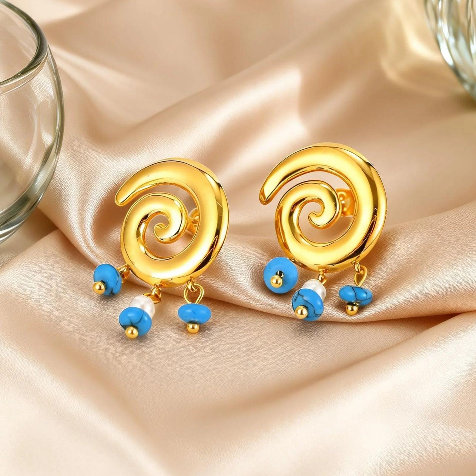 

Personalized Unique Design Geometric Spiral Earrings Blue Stone Tassel Stainless Steel Stud Earrings for Women Party Jewelry
