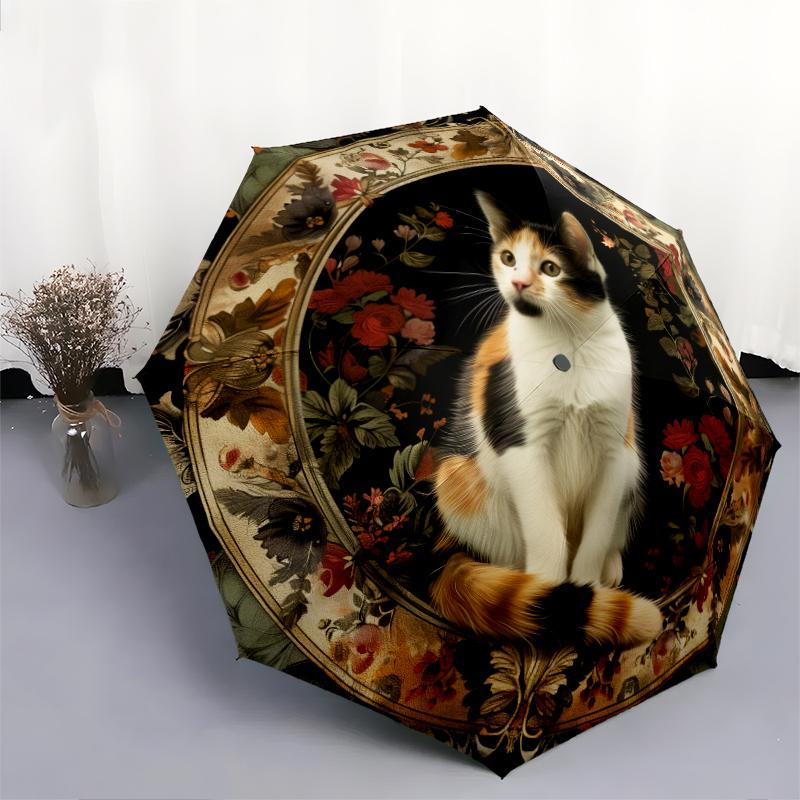 Cats and Vintage Flowers Pattern, Automatic Folding Umbrella, Portable and Foldable Design, 8 Ribs, a Christmas or Birthday Gift.