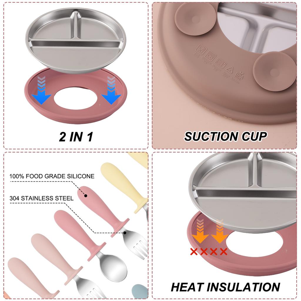 Color Kids 3PCS Stainless Steel Feeding Set Divided Plates With Silicone Sucker Toddler Training Fork Spoon BPA Free Tableware