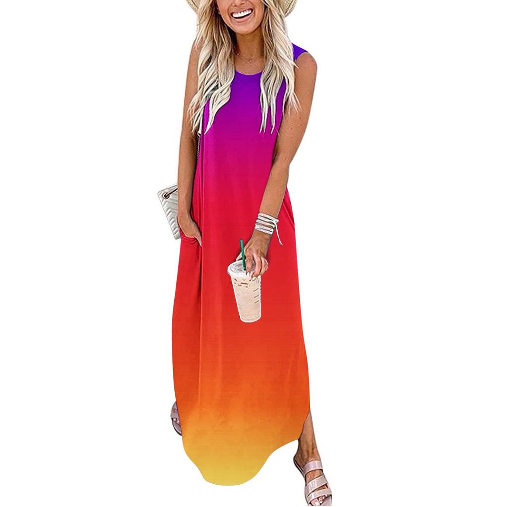 Women's Casual Loose Summer Long Dress Sleeveless Split Maxi Dresses Summer Beach Dress With Pockets