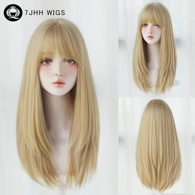 Straight Layered Blonde Wigs With Neat Bangs High Density Synthetic Natural Fake Hair Wig For Women Daily Cosplay Party Wigs