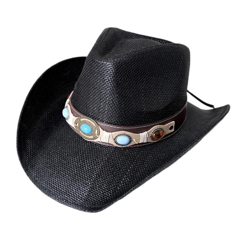 Cintura in PU Turchese Cappello da Cowboy per Ragazza Cappello Panama Western Cappello di Paglia Intrecciato a Mano Cappello da Spiaggia per Vacanze Cappello Elegante di Paglia per il Sole