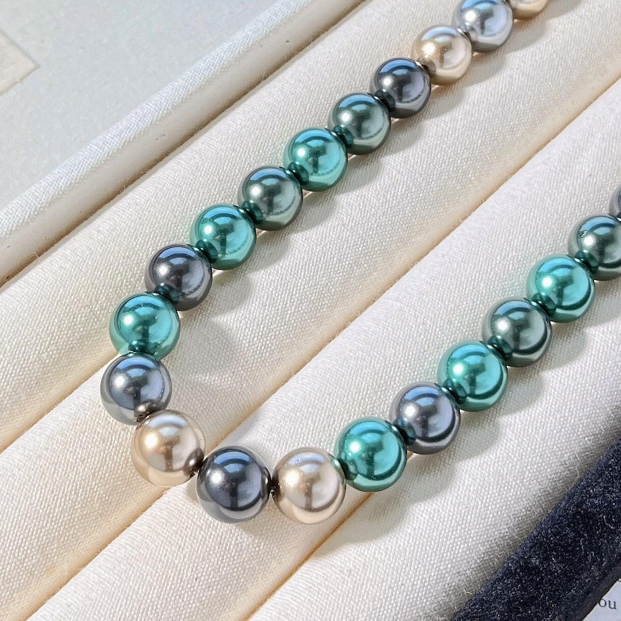 10Mm Autumn And Winter Highlight Peacock Blue Green Tahitian Artificial Crystal Pearl Necklace Clavicle Chain Sweater Chain