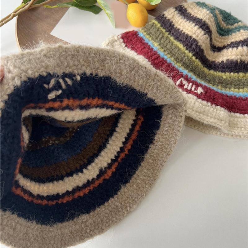 Popular Crochet Stripe Hat Knitting Fisherman Hat Handmade Knit Skull Hat Ins Style Beanies Hat Girls Casual Bucket Hat