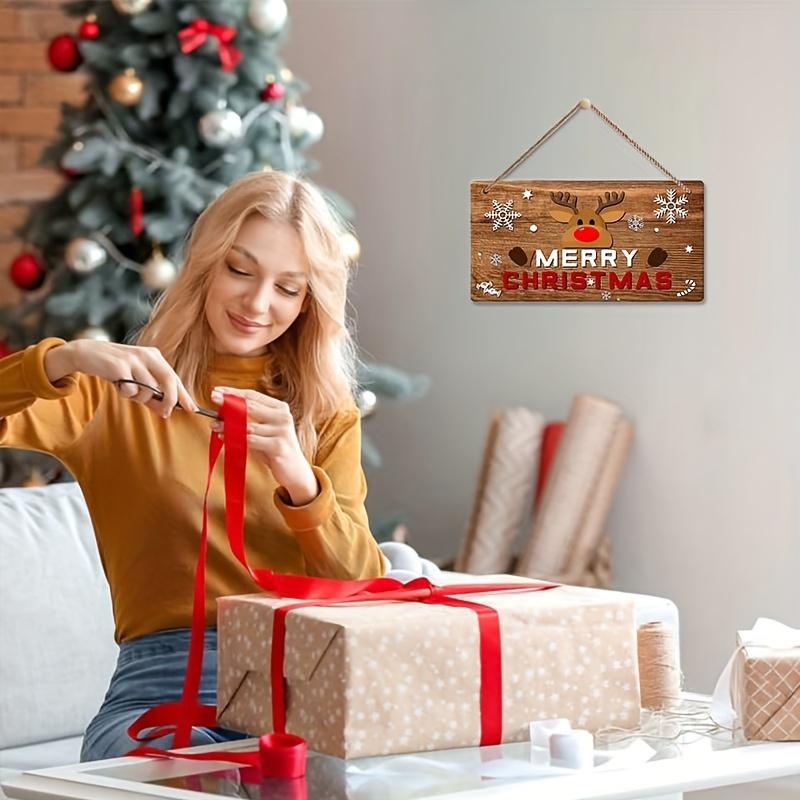 1pc 2D Flat, Rustic Christmas Sign - Merry Christmas Decoration with Red Lettering, Brown Background,Reindeer&Snowflakes