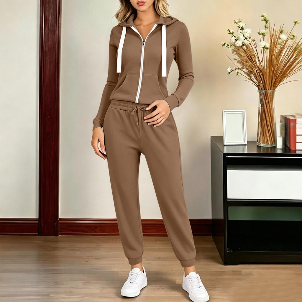 Damski casualowy dres Rozpinana bluza z kapturem na zamek błyskawiczny ze sznurkiem i szerokie spodnie dresowe z otwartym dołem