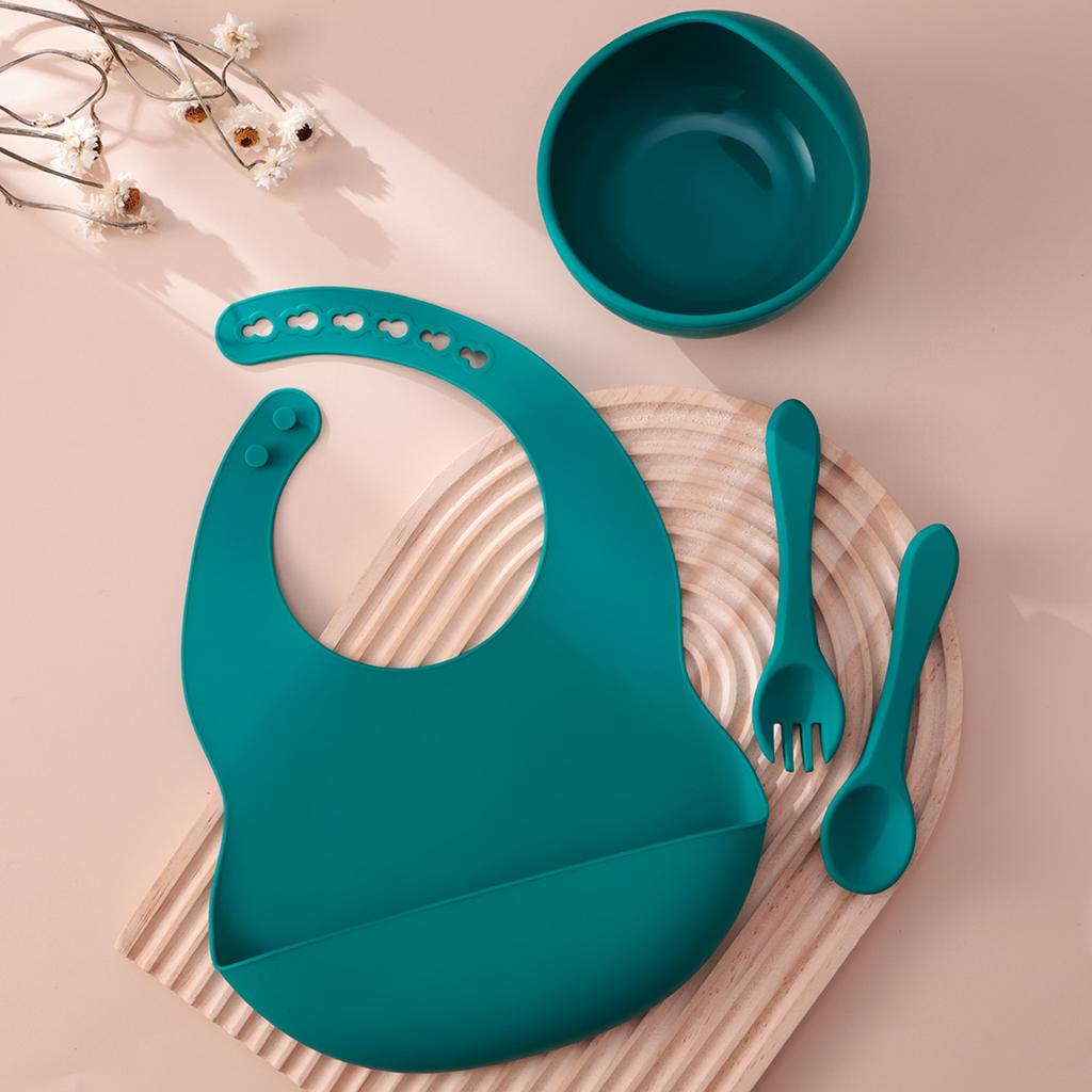 Color Kids 4PCS Silicone Baby Feeding Set With Spoon Bib Suction Bowl BPA Free Toddler Training Spoon Fork Tableware Baby Stuff