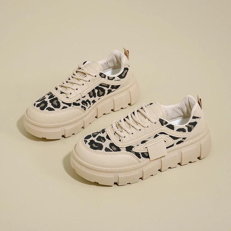 Women's Ankle Shoes 2025 Spring Fashion Casual Leopard Shoes for Women Platform Ladies's Sneakers Low Top Lace Up Tenis Feminino