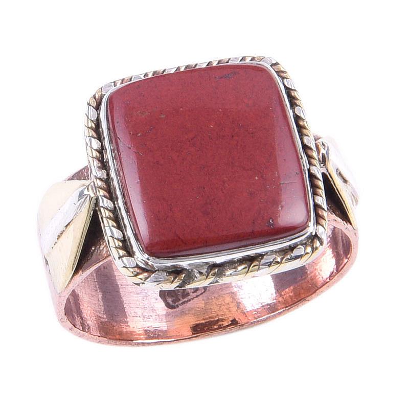 Natural Red Jasper Gemstone Handmade 925 Sterling Silver Two Tone Ring S.9 k9Q22