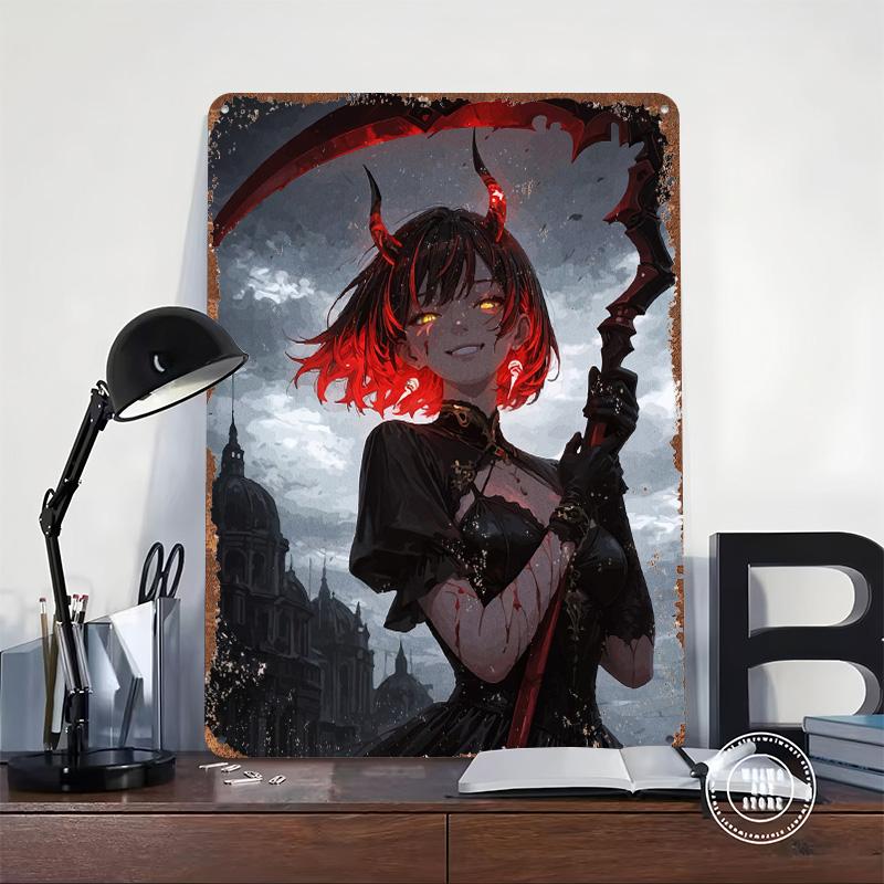 Anime Girl With Red Scythe Metal Poster Customized Wall Art Retro Vintage Tinplate Signs for Man Cave Luxury Home Decor Items