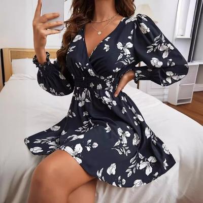 Autumn/winter Elegant Women's Floral Print V-neck Lantern Sleeve Dress
