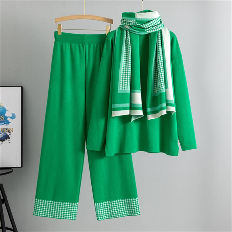 

Женский осенне-зимний модный темпераментный комплект шаль свитер с высоким воротом свободные широкие брюки повседневный комплект-тройка One Size зелёный