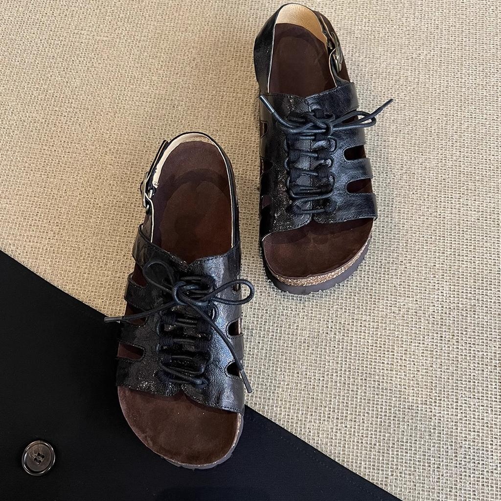 Fashion 2025 New Real Leather Sandals for Men Women Summer Casual Roman Handmade Cork Flat Slipper Platform Cross Lace Zapatos De Mujer