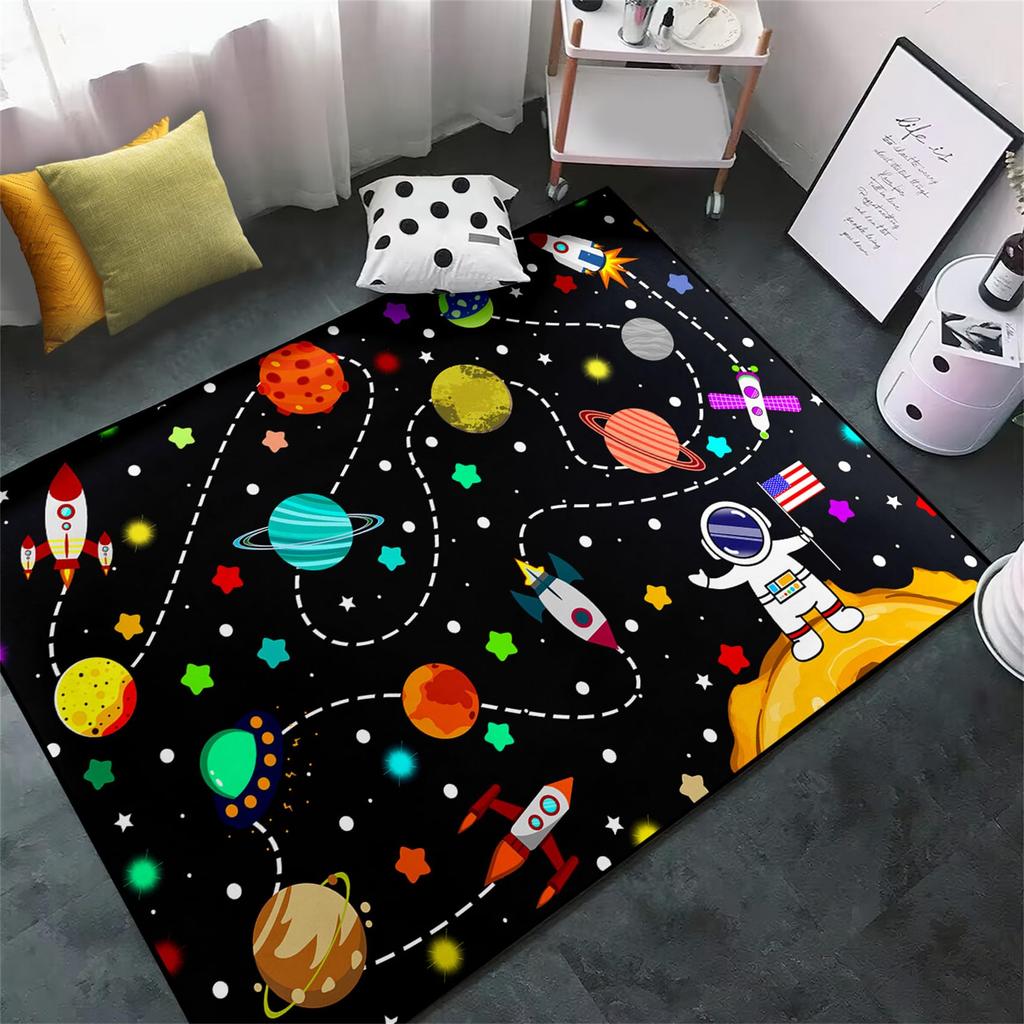 VIKAMA Solar System Planets Theme Rug Bedroom Educational Learning Mat Soft Non-Slip Indoor Area Children's Rug Home Decor