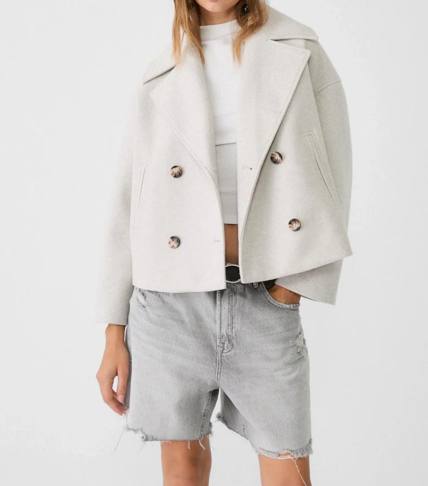 Light Beige Short Double Breasted Trench Coat with Wide Lapel
