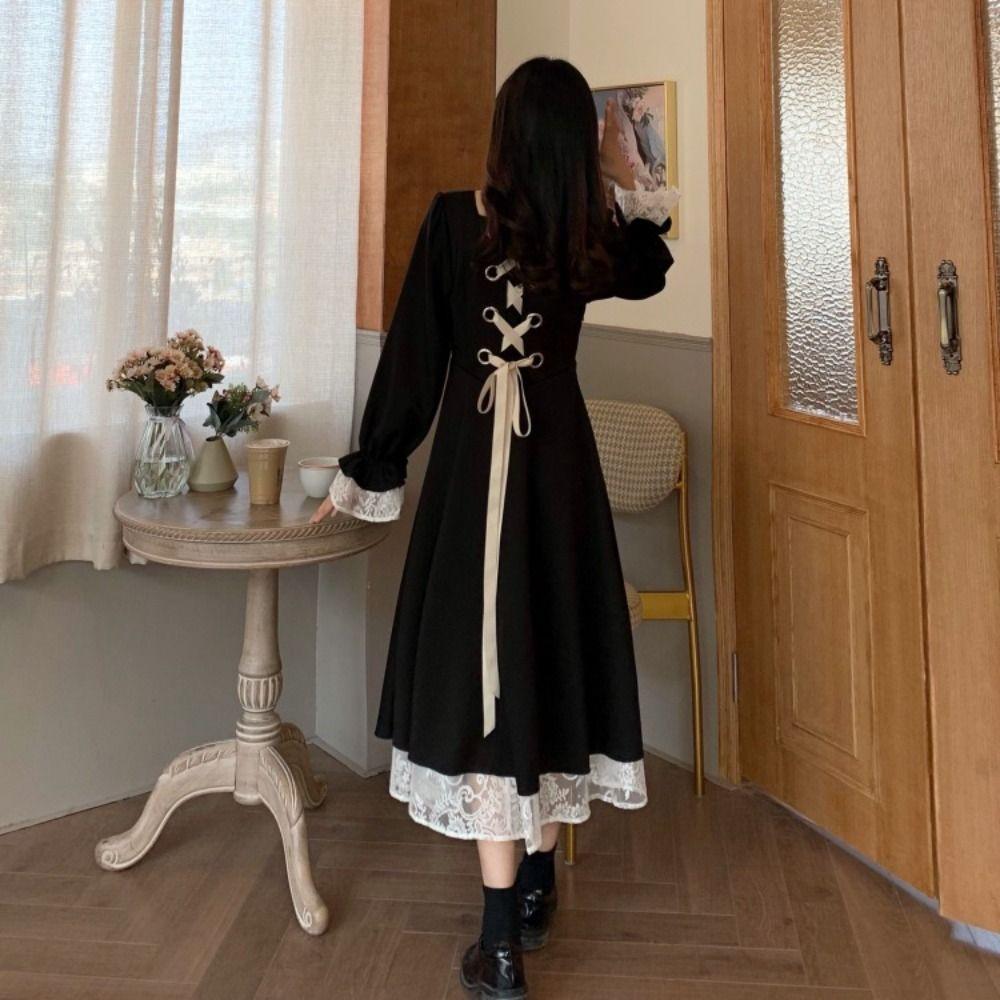 A-line Girls Long Dress Slim Fit Puff Long Sleeved Dress Fashion Lace Princes Dress  Ladies