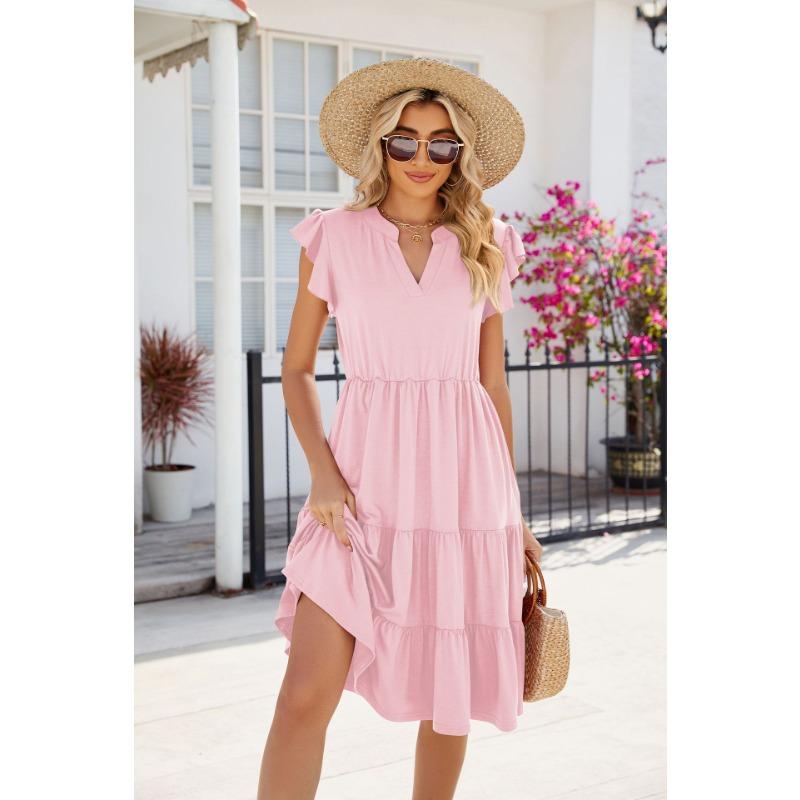 Summer Women's Solid Colour V-Neck Loose Short Sleeve Waist Splicing Dress