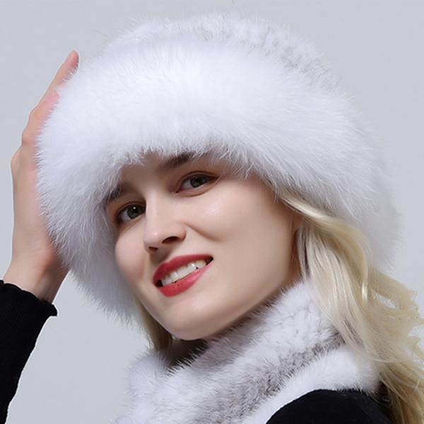 Hot Sale Rex Rabbit Fur Hats Scarf Set Elastic Knitted Winter Hat Women Genuine Warm Fur Caps Luxury Woman Fox Fur Bucket Hat