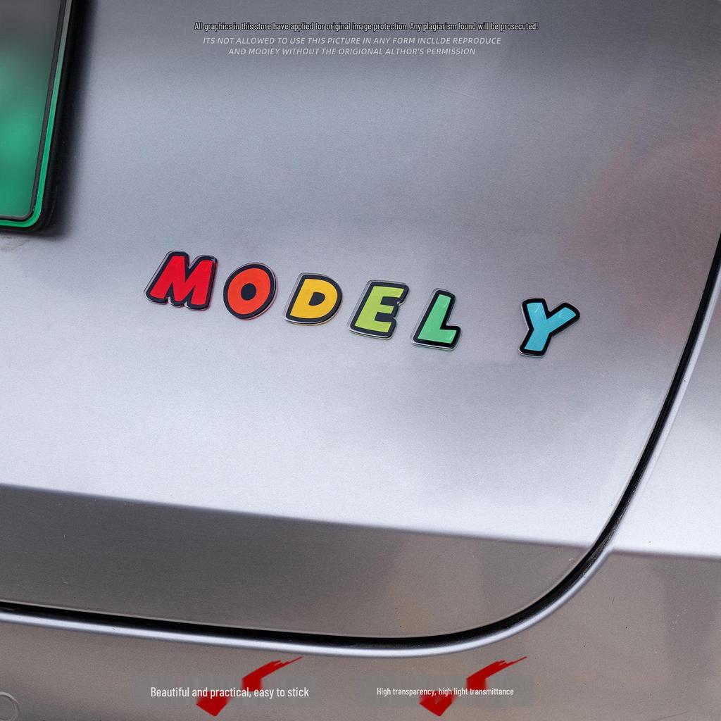 Compatible with Tesla Model 3/Y Rear 3D Cartoon Colorful Car Logo Letter Stickers in Acrylic.