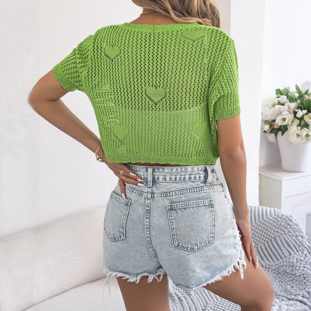 Women's Fashion Casual -Color Love Hollow-out Lace-up Short-sleeved Knit Sweater Navel Cardigan Top