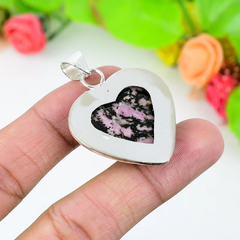 Rhodonit Anhänger Edelstein Handgefertigt 925 Sterlingsilber Schöner Anhänger