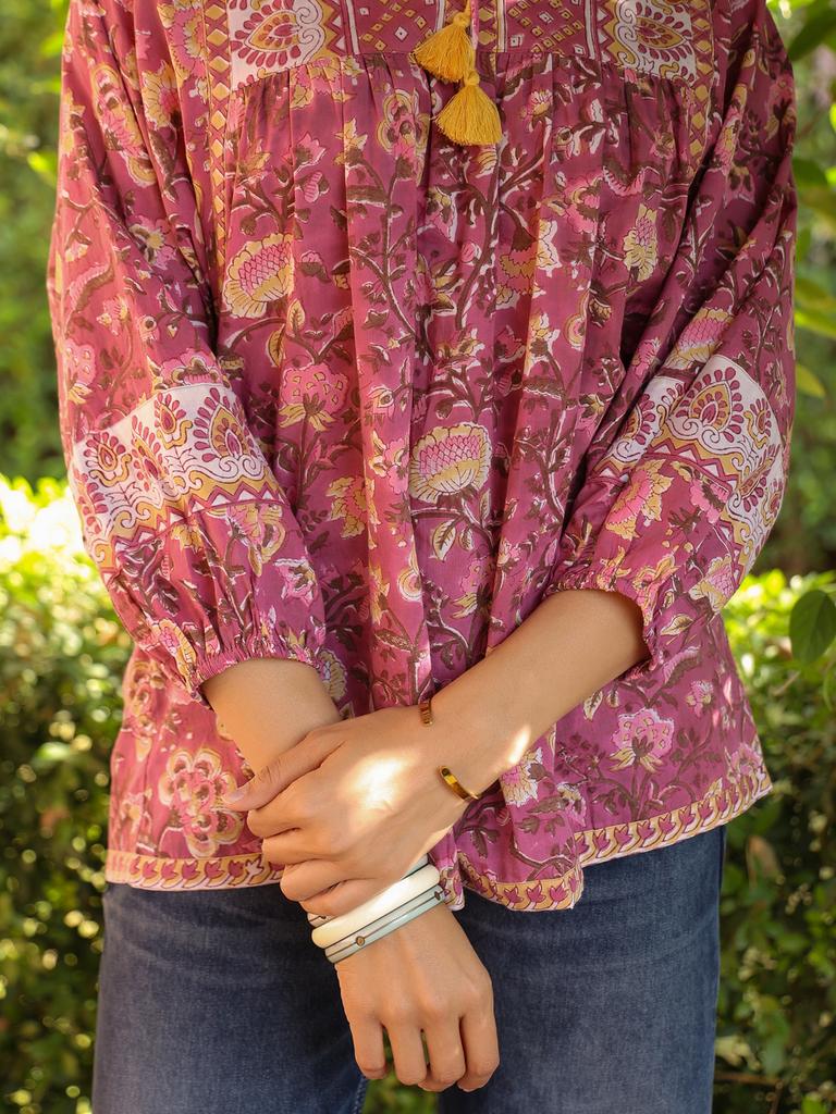 Mauve Hand-block Printed Boho Volume Sleeves Top
