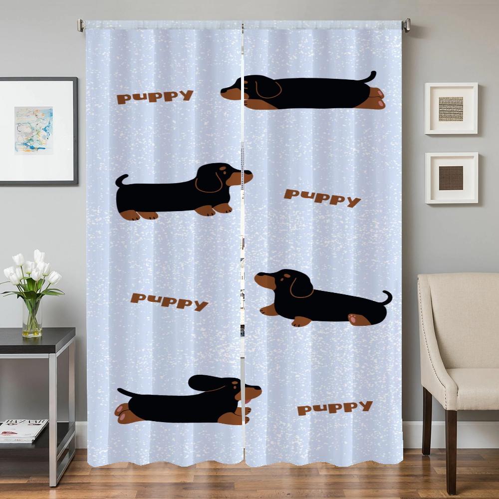 Fensterküchenvorhänge für Wohnzimmer 2 Stück Verdunkelungsvorhänge Türvorhang Cartoon Dackel Schlafzimmerdekoration Raumteiler