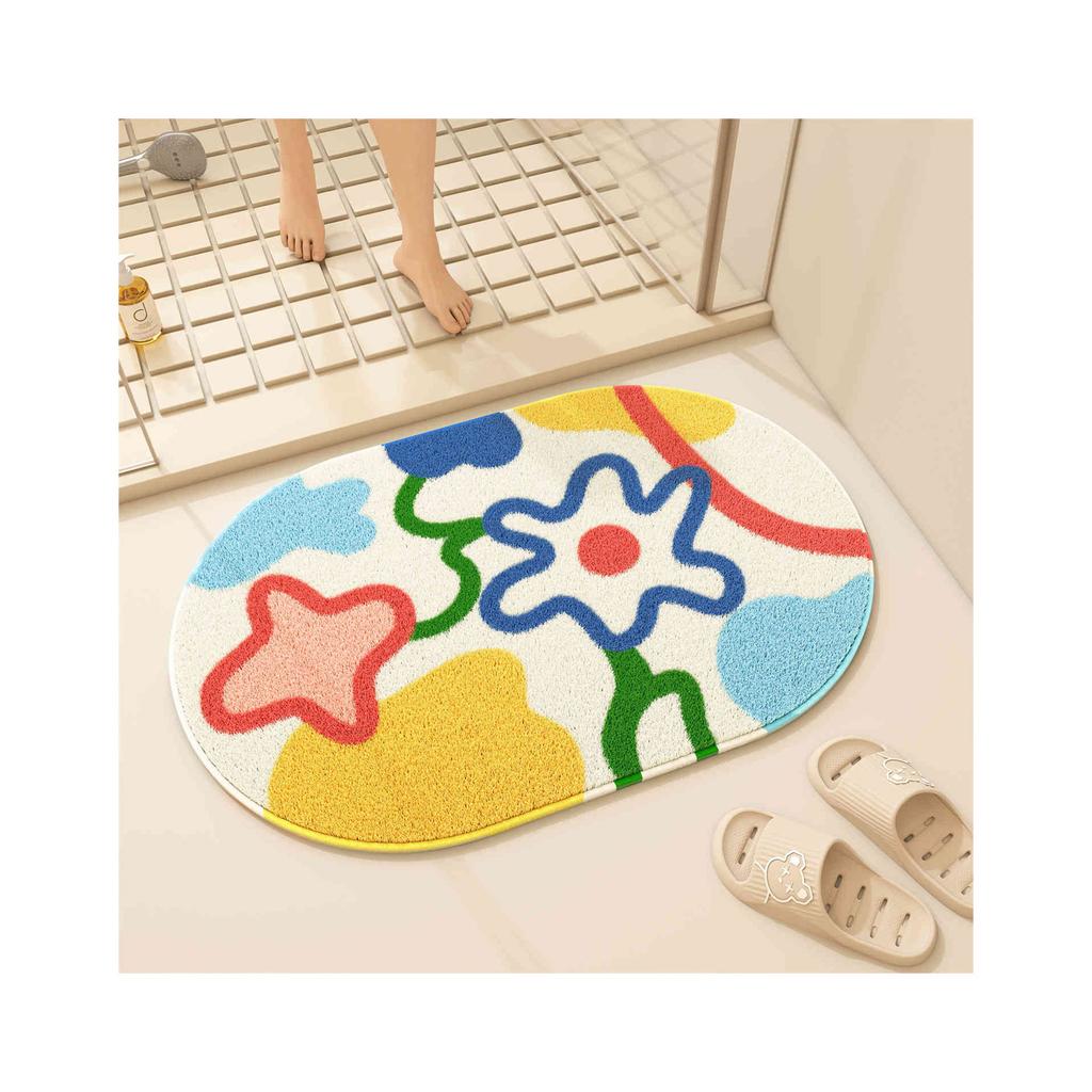 Cartoon Blume Badezimmer Bodenmatte, Duschraum, Wasseraufnahme an der Tür, Rutschfeste Imitat-Kaschmir-Bodenmatte, Haushalt Pflegeleicht