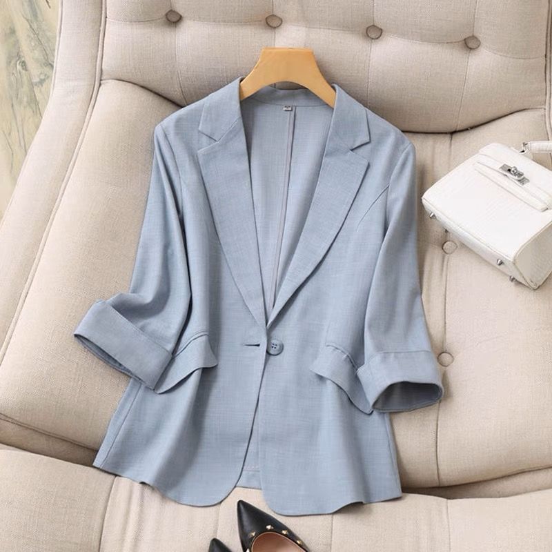 K-style Tencel Linen Professional Commute Ol White Shoulder Slim Looking Suit Collar Split 3/4 Sleeve Small Business Suit Coat