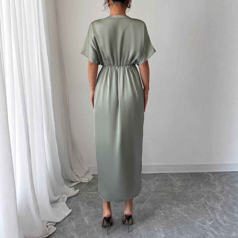 Elegantes und raffiniertes V-Ausschnitt-Kleid mit Seitenöffnung und geraffter Taille für Damenfrühling und -sommer