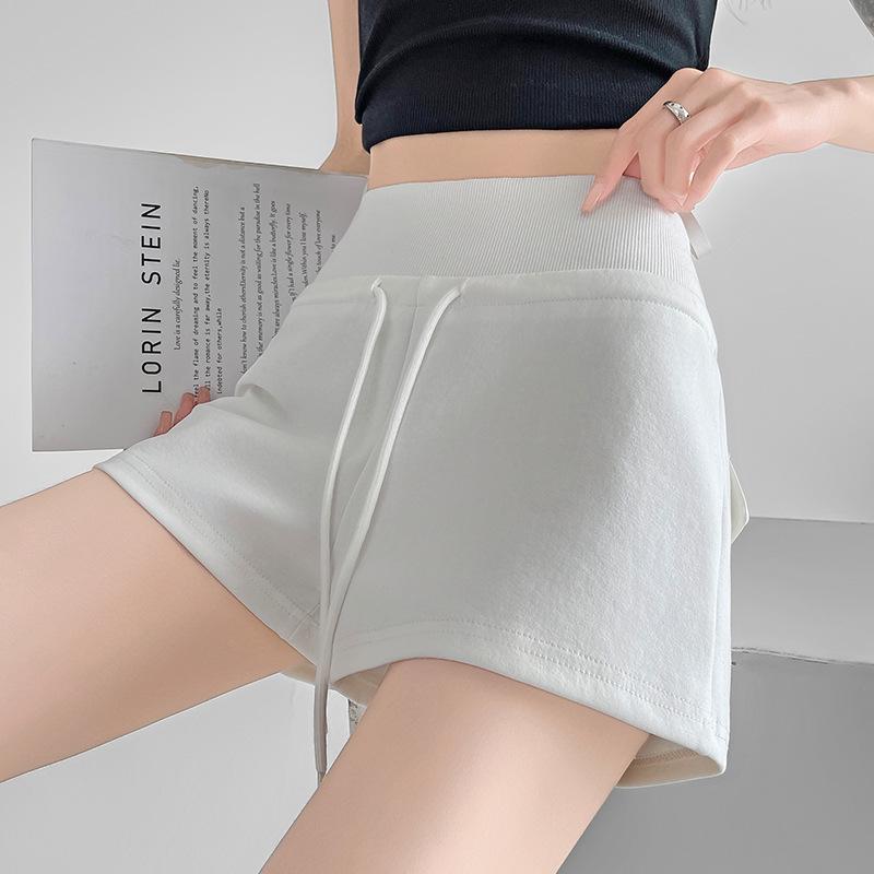 

Women s High-Waisted Slimming Sports Shorts - Summer Casual, Breathable, Stretchy, Ribbed with Double Waistband and Drawstring Large белый