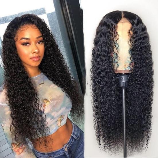 Women African Style Black Small Curly Wig Faux Central Parting Hair Hairpiece