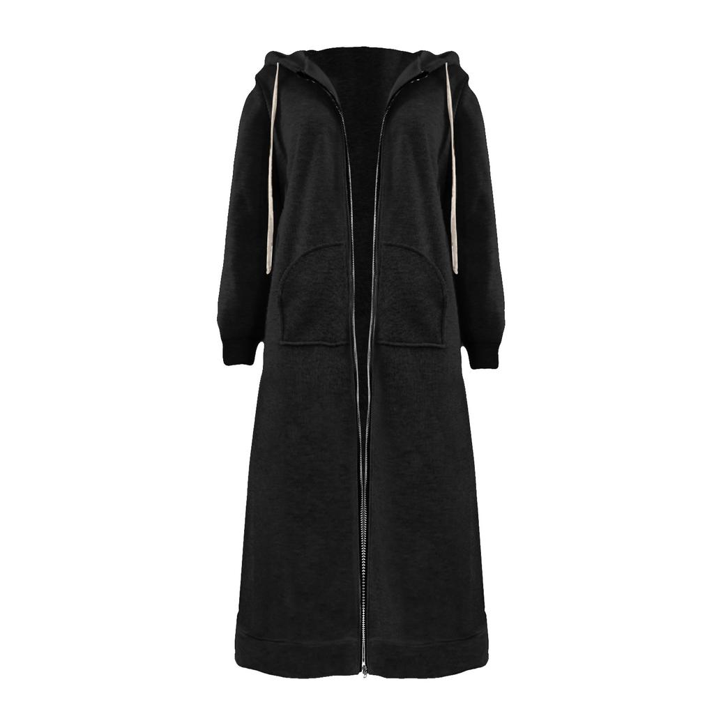 Loose Zip Long Cardigan Jacket Dame hettegenser Lang frakk med lomme
