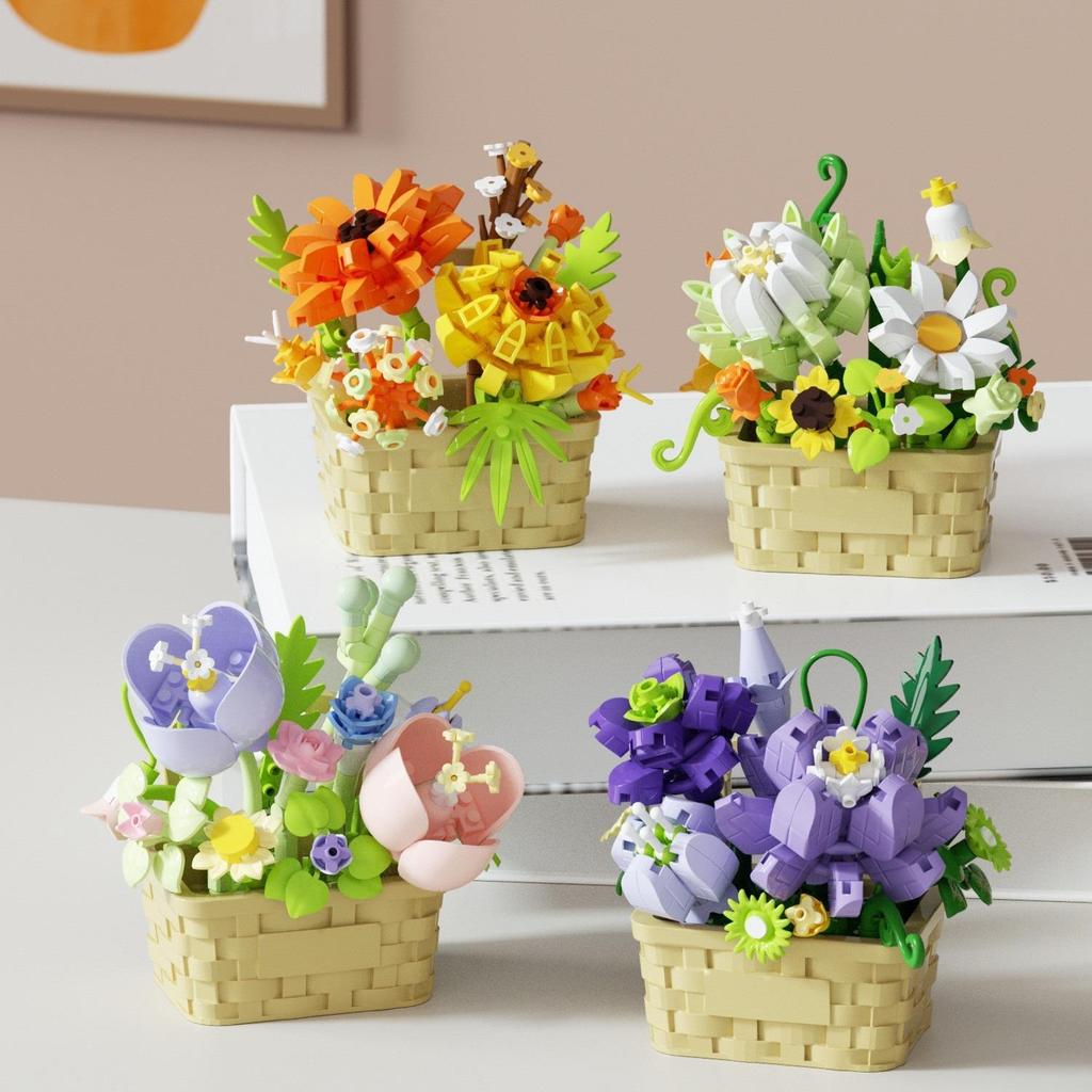 Bright Flower Basket: Preserved Flower & Succulent Building Block Set for Desktop Decor & Birthday Gifts