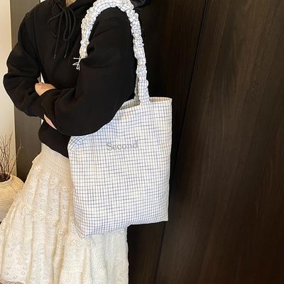 Casual Canvas Bag Lazy Wind Underarm Bag Women's  New Plaid Tote Bag Pleated Shoulder Bag