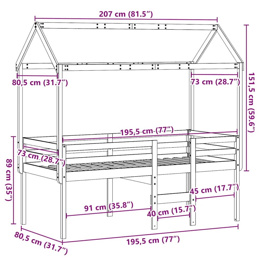 High Bed with Roof Wax Brown 75 x 190 cm Solid Pine Wood