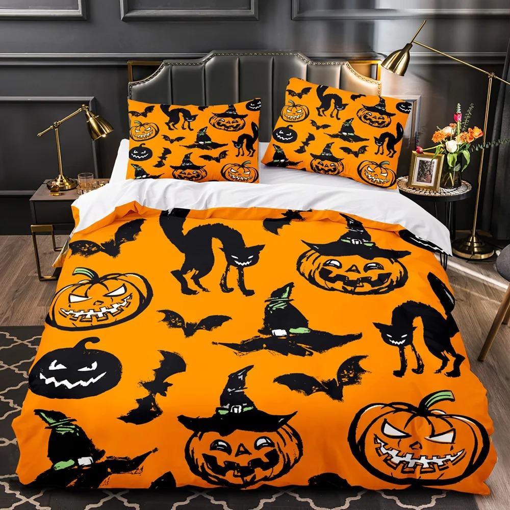 3D Print Halloween Bedding Set, Halloween Cartoon Jack O' Lantern Tombstone Skulls And Bones 2-3Pcs Polyester Duvet Cover Set