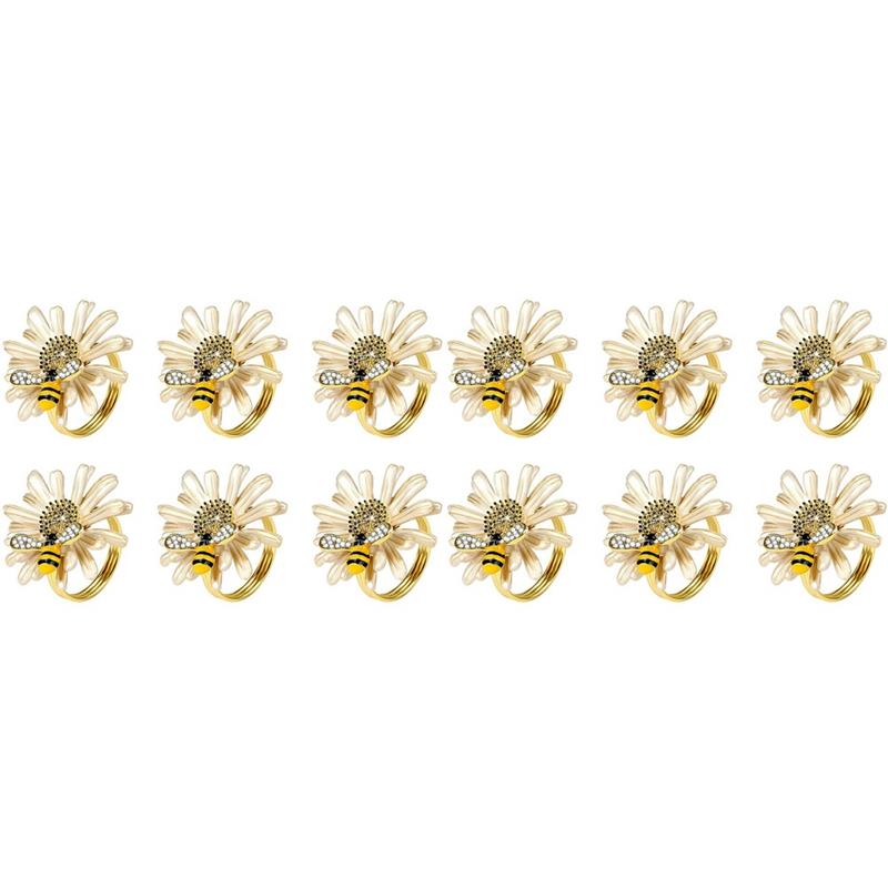 

2025 Trend Set Of 12 Daisy Sunflower Napkin Rings, Gold Bee Napkin Ring Holders For Formal Or Casual Dinning Table Decor