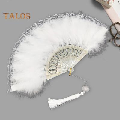 Abanico plegable vintage de plumas y encaje con borlas, portátil, de mano, para verano, para decoración, accesorios de baile, accesorios para fiestas y disfraces.